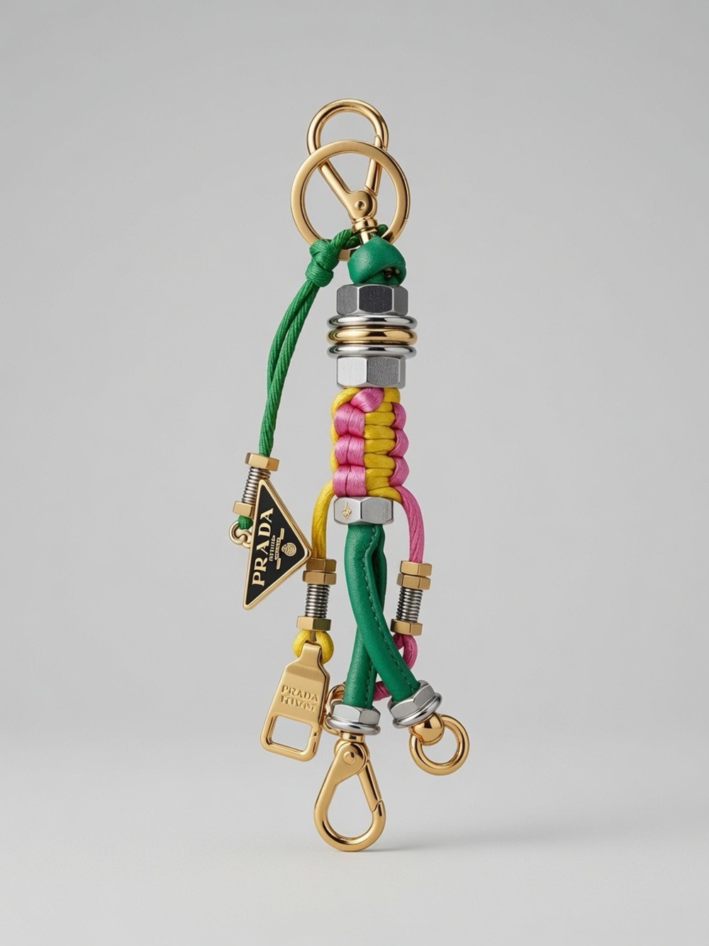Prada Green Pink Yellow Braided Rope Keychain with Gold Hardware